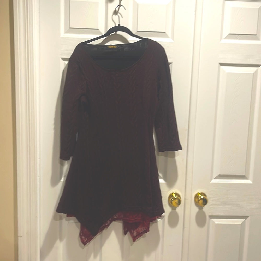 Reborn Handkerchief Hem Sweater Tunic/Dress with Lace Underlay. Wine color.